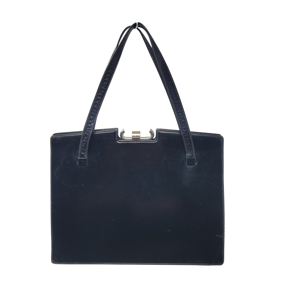 Vtg 50s 60s Old Money Black Structured Satchel Shoulder Bag MCM Kiss Lock Clasp